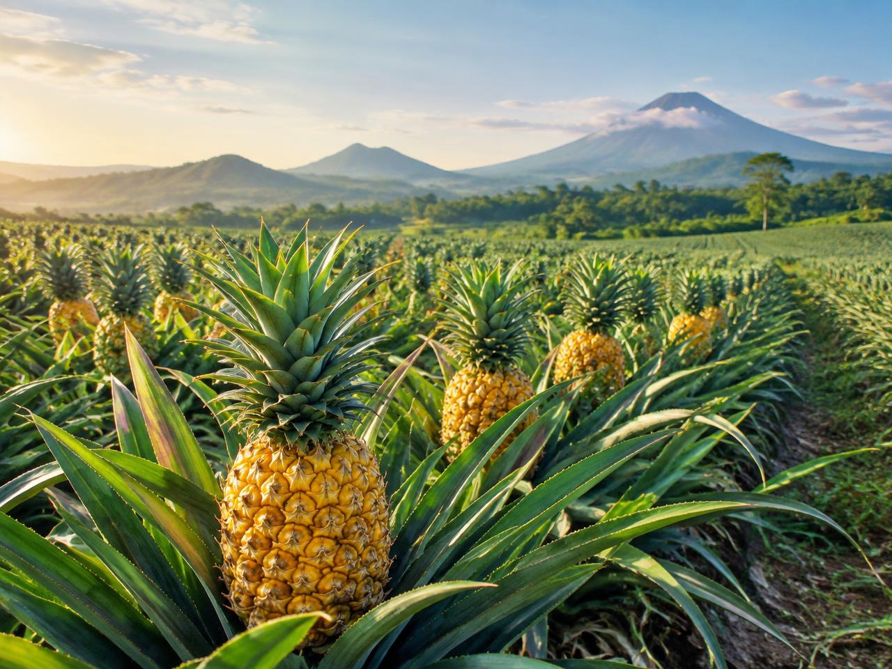Plantación de piña con volcán al fondo